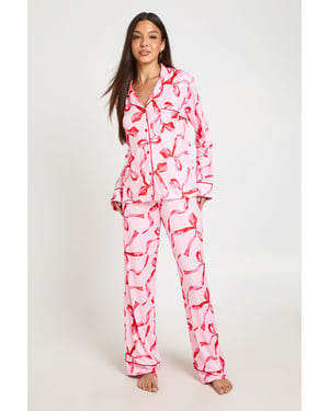 Oversized Bow Print Long Sleeve Shirt & Trouser Pyjama Set