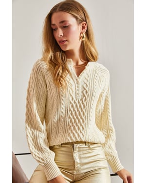 Textured Knitwear Sweater with Button Collar