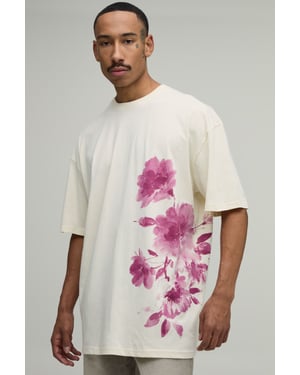Ecru Oversized Blurred Floral Print T-Shirt