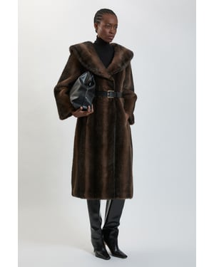 Faux Fur Oversize Collar Belted Midi Coat