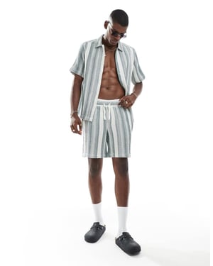 ONLY & SONS waffle short co-ord in white & green
