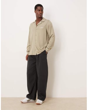 ASOS DESIGN co-ord regular revere shirt with chest embroidery in stone