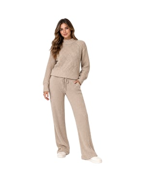 M&S Womens Kintted Loungewear Set Cable Knit Jumper Casual Wide Leg Trouser Set