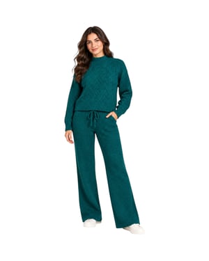 M&S Womens Kintted Loungewear Set Cable Knit Jumper Casual Wide Leg Trouser Set