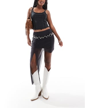 Noisy May waterfall mesh mini skirt in washed charcoal