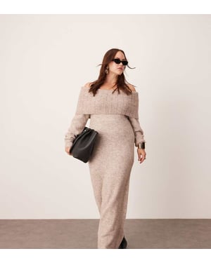ASOS EDITION Curve knitted bardot midaxi dress in mushroom