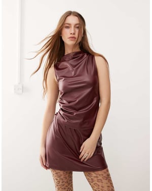 COLLUSION PU high neck asymmetric top in plum co-ord