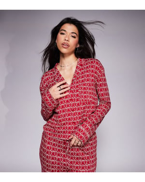 Kaiia exclusive mix and match cropped button through pyjama top co-ord in burgundy bow print