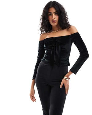 ASOS DESIGN bardot velvet long sleeve top with extreme bow detail in black