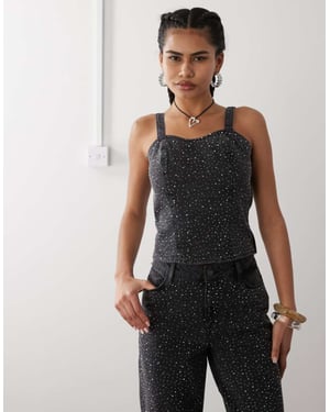 Noisy May denim corset top with rhinestones in black