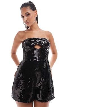 ASOS DESIGN sheer sequin twist detail bandeau playsuit in black
