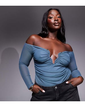 ASOS DESIGN Curve plunge trim mesh off shoulder bodysuit in blue