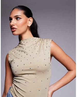 ASOS DESIGN high neck hotfix stud bodysuit in light khaki