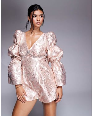 ASOS LUXE embellished jacquard playsuit with bow back in pink