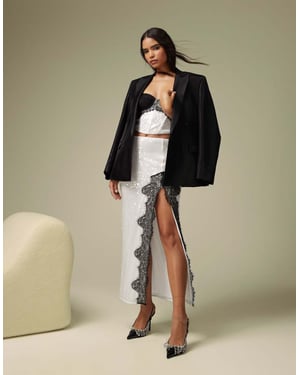 ASOS DESIGN co-ord sequin midi skirt with lace split detail in white