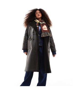 ASOS DESIGN Curve longline shearling jacket with contrast binding in brown