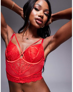 Ann Summers sweet surrender padded plunge corset lace and mesh bra in red