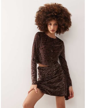 COLLUSION fitted button through top in brown devore co-ord
