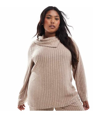 Vero Moda Curve foldover ribbed jersey top co-ord in beige