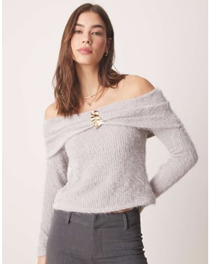 ASOS DESIGN off shoulder chenille top with gold trim detail in grey