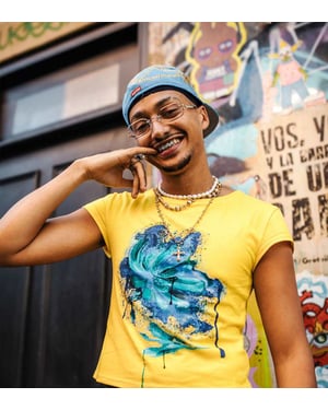 Labelrail x OliBrom crop fitted t-shirt with blurred flower graphic in yellow