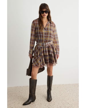 TRENDYOLMİLLA Dames Bruin Geruit Kort / Mini Lang Blousejurk Jurken