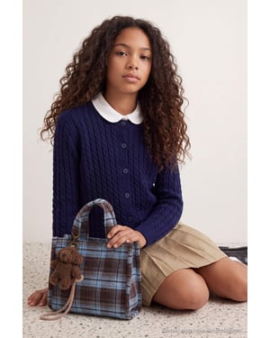 TRENDYOLKIDS Flickor Mörkblå Kabelstickat Lång, Regular fit Cardigans