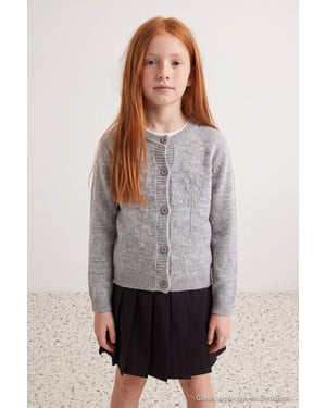 TRENDYOLKIDS Flickor Grå Broderad Lång, Oversize Cardigans