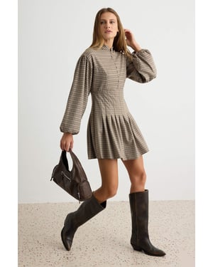 TRENDYOLMİLLA Dames Bruin Geruit Kort / Mini Lang A-lijn Jurken