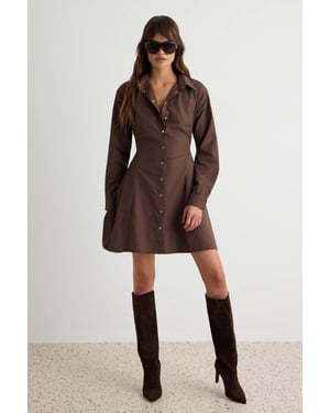 TRENDYOLMİLLA Dames Bruin Effen Kort / Mini Lang Blousejurk Jurken