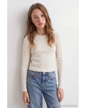 TRENDYOLKIDS Flickor Ecru Enfärgad Lång, Regular fit T-shirts