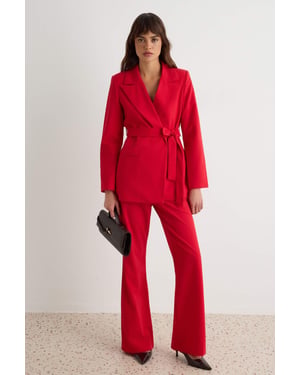 TRENDYOLMİLLA Dames Rood Effen Lang, Getailleerd Tweedelig Sets