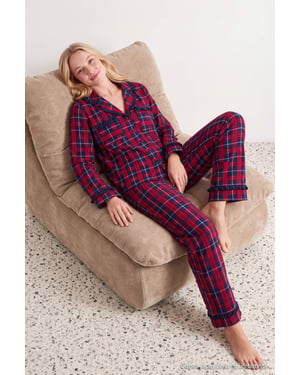 TRENDYOLMİLLA Dames Rood Geruit Lang, Regular fit Pyjama- Sets