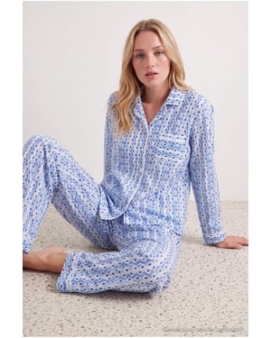 TRENDYOLMİLLA Dames 2-pack Blauw Met grafische print Lang Loungewear Regular fit Pyjama- Sets