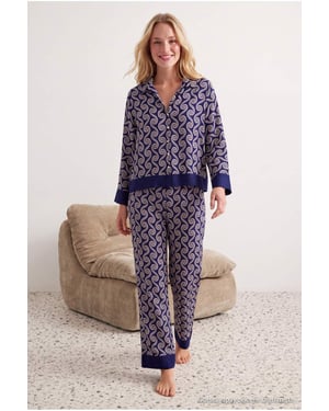 TRENDYOLMİLLA Dames Donkerblauw Geometrisch patroon Lang, Regular fit Pyjama- Sets
