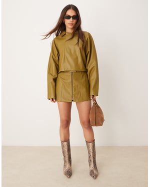 ASOS DESIGN faux leather zip through tailored micro skirt co-ord in olive