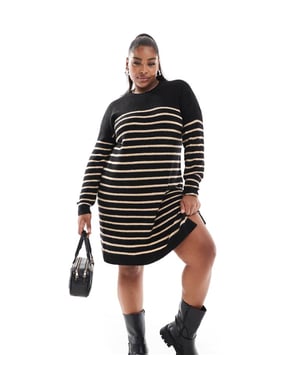 Yours stripe mini jumper dress in black and neutral