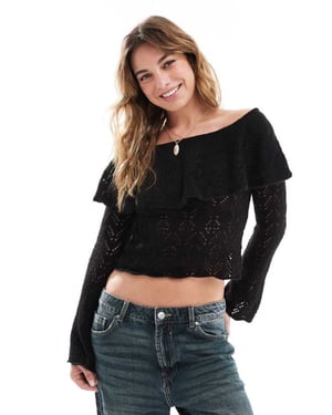 Miss Selfridge knitted lace bardot top in black