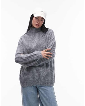Topshop knitted fluffy high neck oversized jumper in grey