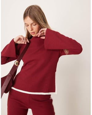 ASOS DESIGN tipped waffle co ord top with flare sleeve in burgundy