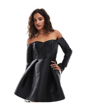 Forever New Petite satin long sleeve mini dress in black