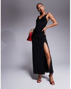 ASOS DESIGN floral applique detail draped cowl midi dress with skinny straps in black