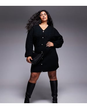 In The Style Plus x Perrie Sian cable knit v neck diamante button mini dress in black