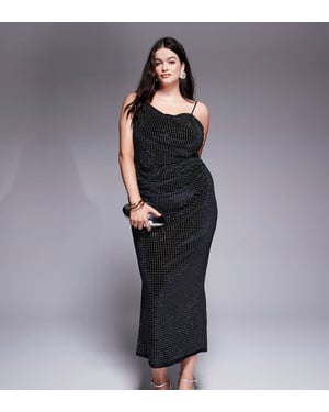 ASOS DESIGN Curve velvet embellished asymmetric draped neckline midi dress in black