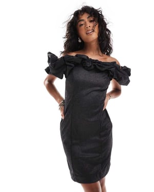 YAS ruffle off the shoulder bodycon mini dress in black shimmer