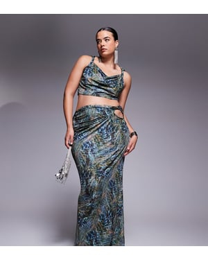 ASOS DESIGN Curve co-ord slinky cut out hip maxi skirt in blue print
