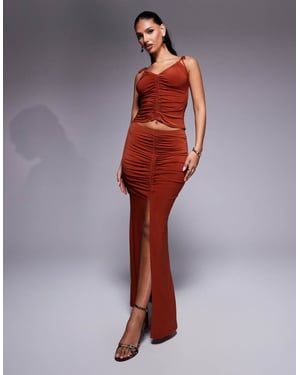 ASOS DESIGN co-ord slinky ruched front maxi skirt with front split in rust