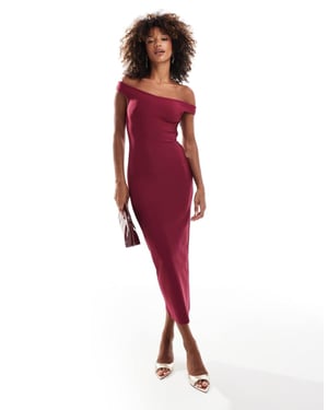 ASOS DESIGN bandage bardot midi dress in berry