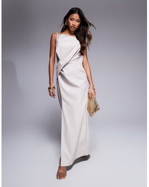 ASOS DESIGN square neck pleat waist PU midi dress in stone