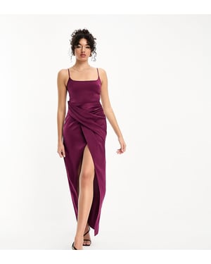 ASOS DESIGN Tall satin cami midi dress with drape skirt in plum